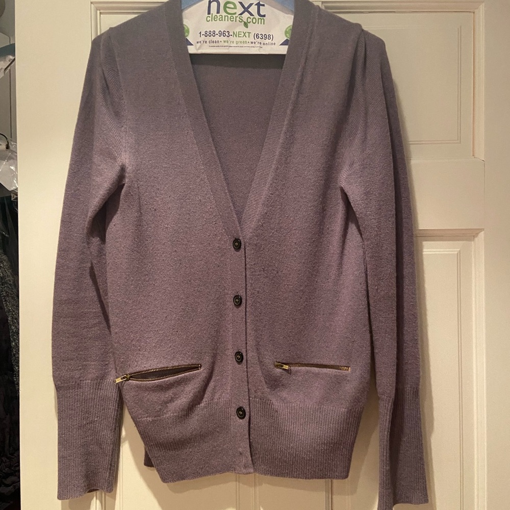 Lavender cashmere J Crew cardigan with zip pockets